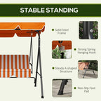 Orange 3-seater swing chair with black steel frame and striped cushions, stability details
