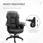 Black faux leather executive chair with white contrast piping and height-adjust mechanism