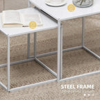 White square nesting coffee table with open steel frame and sturdy lower shelf base