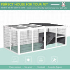 White wire rabbit hutch with attached run and enclosed sleeping area under roof