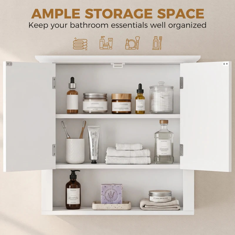 White wall cabinet with 2 doors open, organized storage shelves with jars and bottles