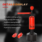 Red speed bag target and padded base boxing stand with included orange gloves