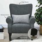 Grey accent chair with high back and rolled arms, adjustable foot pad