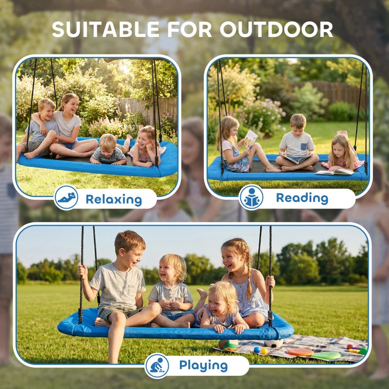 Blue nest swing on grass with multiple kids relaxing while holding the ropes