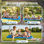 Blue nest swing on grass with multiple kids relaxing while holding the ropes
