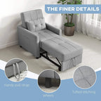 Light grey single chair bed with tufted stitching and side pull-strap detail