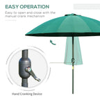 Green outdoor parasol with hand-crank device on the central pole and open canopy