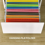 White hanging file drawer holding colorful legal-size folders.