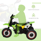 Green and yellow kids pedal motorcycle trike with number plate, seat, and large front and rear wheels.