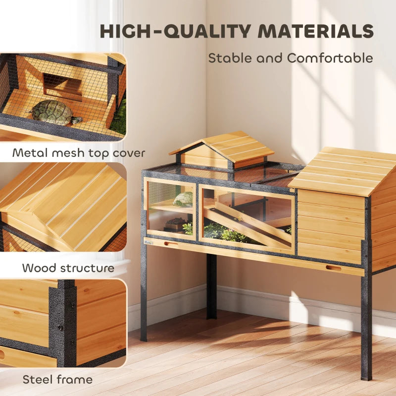 Two-level wooden tortoise house with stand, clear windows, ramps, yellow frame