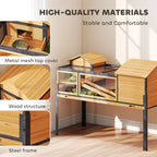 Two-level wooden tortoise house with stand, clear windows, ramps, yellow frame