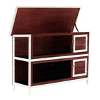 Two-tier wooden pet hutch with white frame, brown interior, wire mesh panels, and side doors