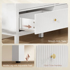 White fluted dresser drawer interior with smooth-glide rails and gold knob