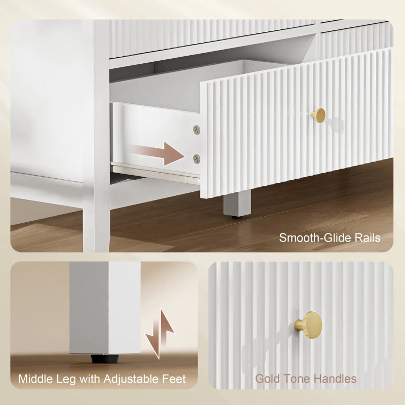 White fluted dresser drawer interior with smooth-glide rails and gold knob