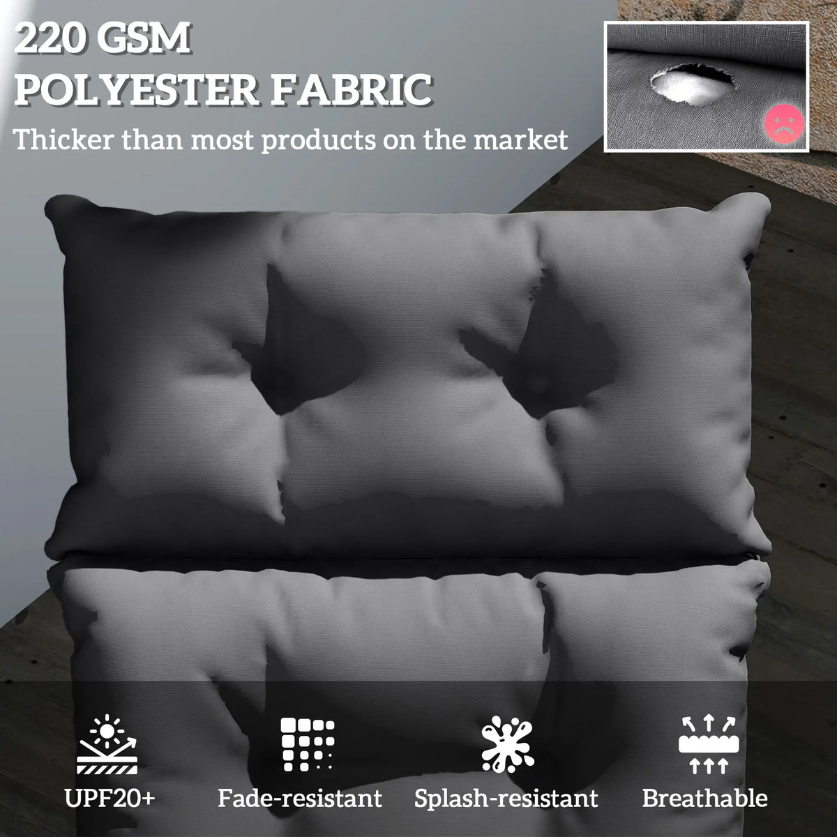 Outsunny Sun Lounger Cushions Only, 190 x 56 x 10cm Garden Lounge Chair Cushions, UPF20+ 220gsm Fabric, Thick Sunbed