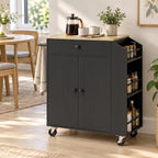 Black rolling kitchen storage cart with drawer, cabinet doors, and spice rack