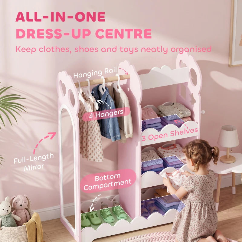 Kids pink dress-up wardrobe with hanging rail, open shelves, and bottom storage compartment