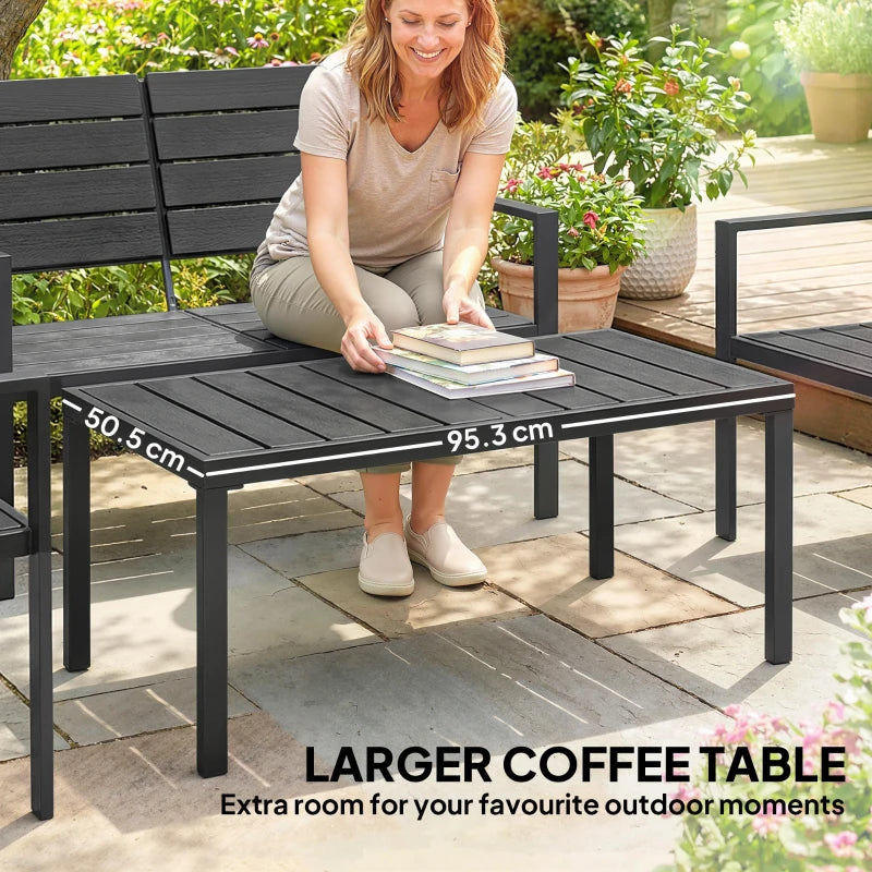 Black slatted coffee table with metal legs as part of an outdoor seating set.