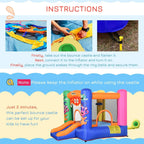 Monster inflatable bounce castle with orange slide and basket arch, blue and pink frame