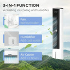 White portable air cooler tower with black grille and top control panel
