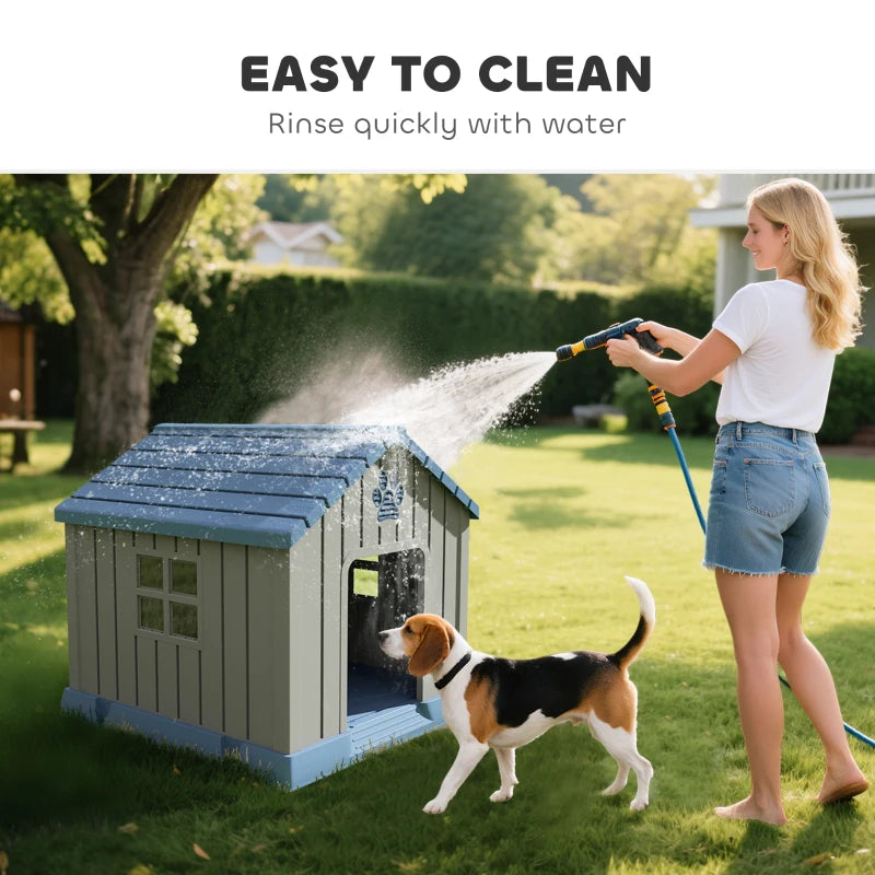 Grey plastic dog kennel with blue roof; rinsing scene shows easy-to-clean surface