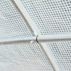 White mesh greenhouse cover close-up secured around a metal support rod