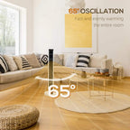 White space heater showing 65° oscillation range over the room