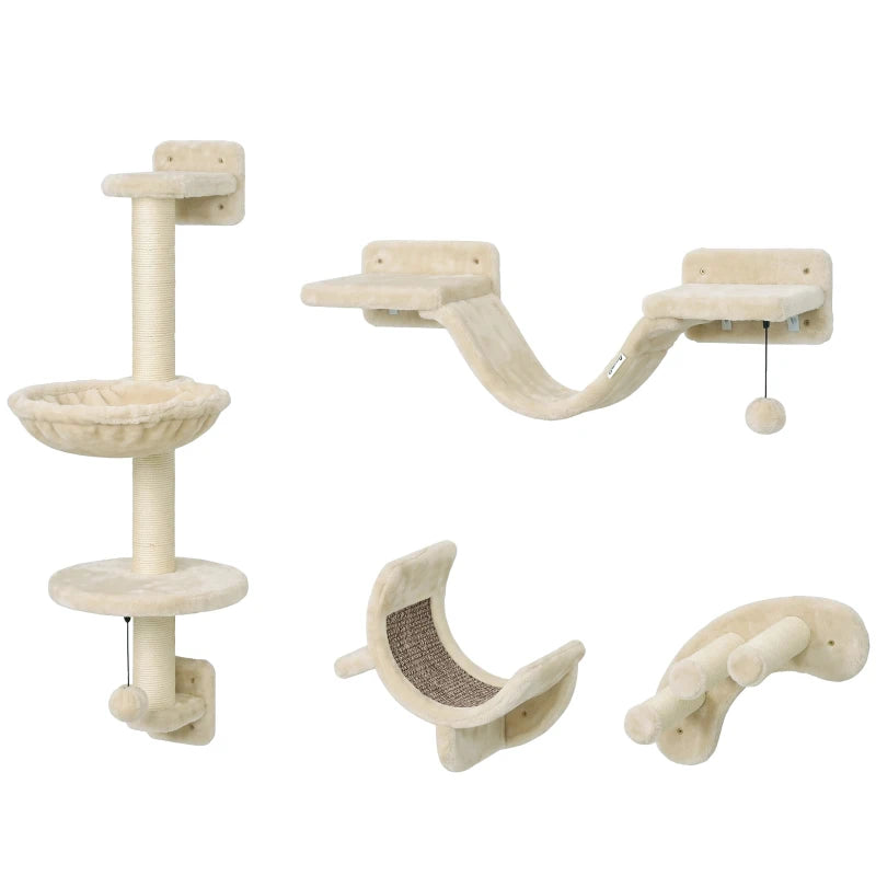 Beige wall-mounted cat furniture: posts, platforms, hammock, ladder and steps