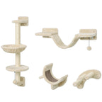 Beige wall-mounted cat furniture: posts, platforms, hammock, ladder and steps