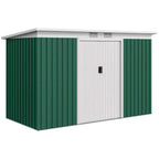 Deep green metal garden shed with double doors and white side panels
