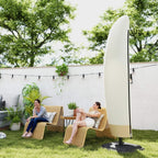 Beige cantilever umbrella cover on outdoor lawn, shelter over the umbrella frame