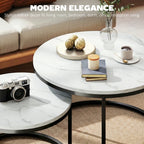 Round marble-effect nesting table set with white tops and black bases