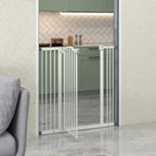 White pressure fit dog safety gate with swinging door in a doorway opening