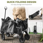 Dark grey folding camping trolley with open fabric bed, cup holder side pouches, and wheels