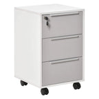 Grey and white three-drawer locking filing cabinet with key lock and metal drawer pulls