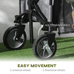 Close-up of dark grey folding wagon frame with two large all-terrain wheels and caster