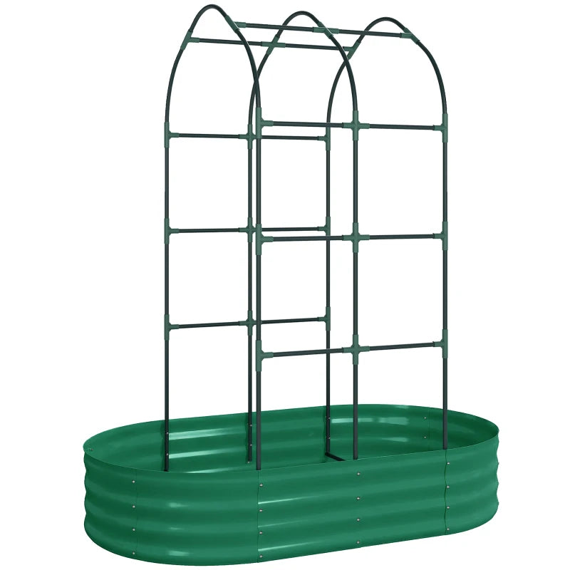 Green raised garden bed with arched trellis frame, open-bottom metal planter