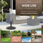 Black rattan-pattern parasol base on patio with upright pole sleeve