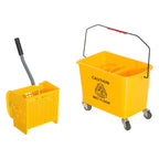 Yellow mop bucket set on wheels with removable perforated basket and caution wet floor label