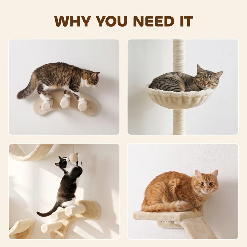 Beige wall-mounted cat furniture with scratching posts, hammock and padded steps
