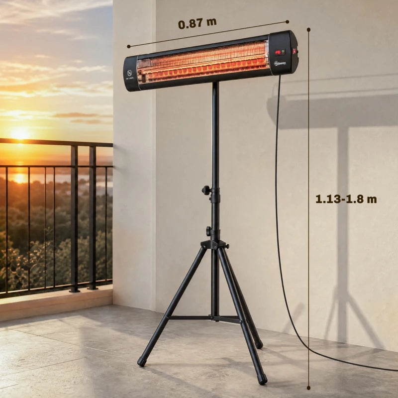 Black infrared patio heater on three-leg tripod with front control panel