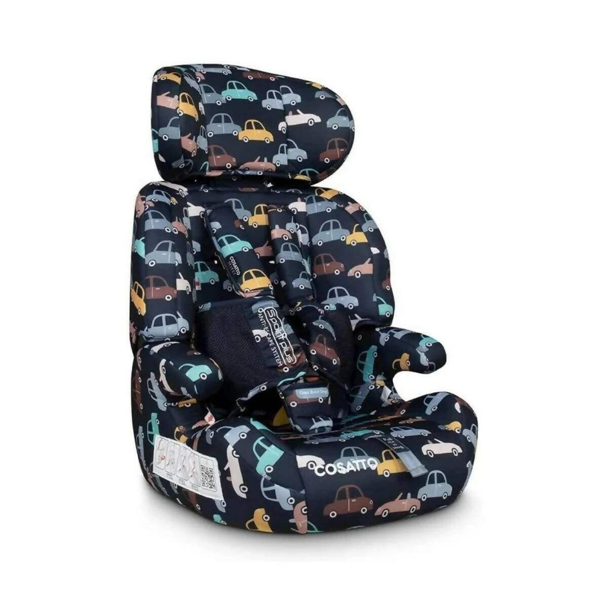 Group 1-3 car seat reclined angle with navy vehicle pattern and armrest cushions