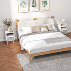 White bedside nightstand with open shelf and gray drawer; light wood legs