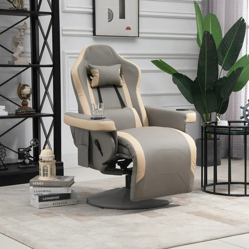 Grey swivel recliner armchair with adjustable leg rest and padded armrests
