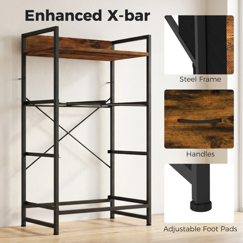 Rustic brown drawer chest with black steel X-frame, mesh panel, and adjustable foot pads