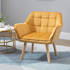 Yellow accent armchair with slanted back, padded seat, and wooden legs