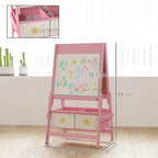 Pink kids art easel with colorful whiteboard artwork and two front storage bins