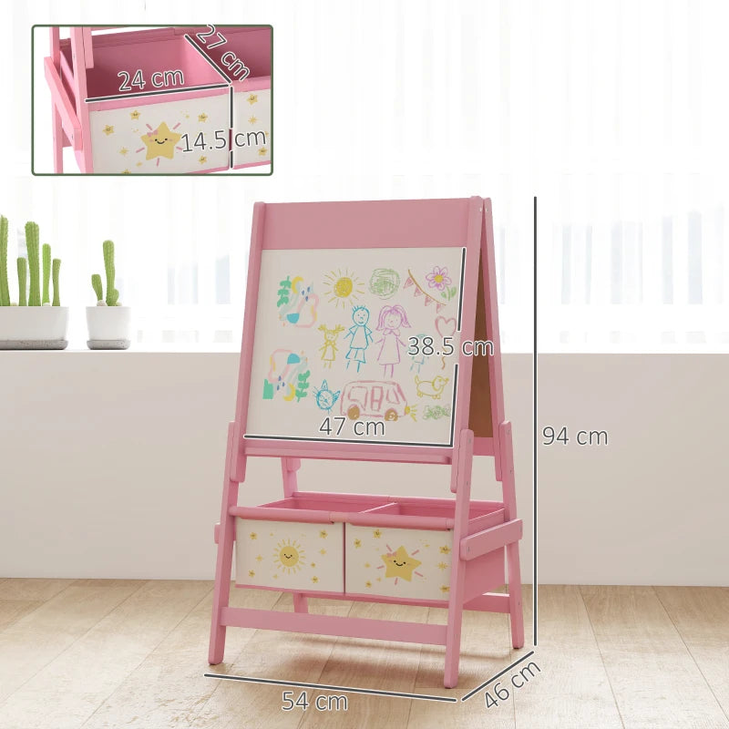 Pink kids art easel with colorful whiteboard artwork and two front storage bins