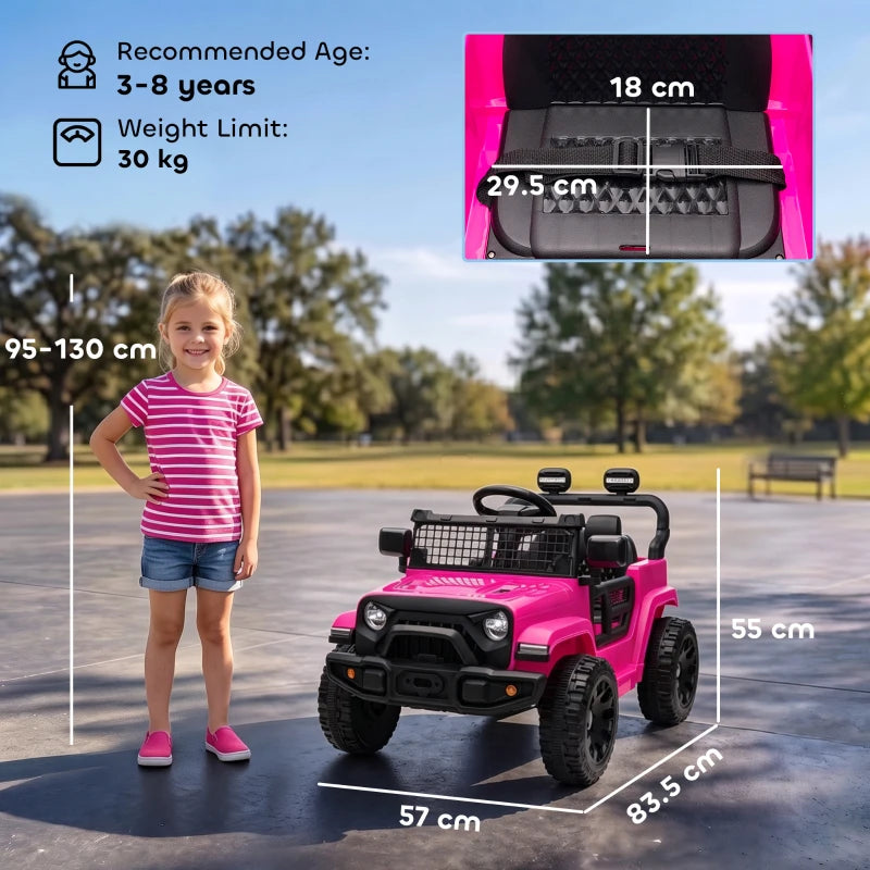 Pink electric ride-on car for kids with steering wheel, headlight, and black front bumper