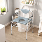 Bedside commode chair positioned over toilet with blue seat and backrest, white frame